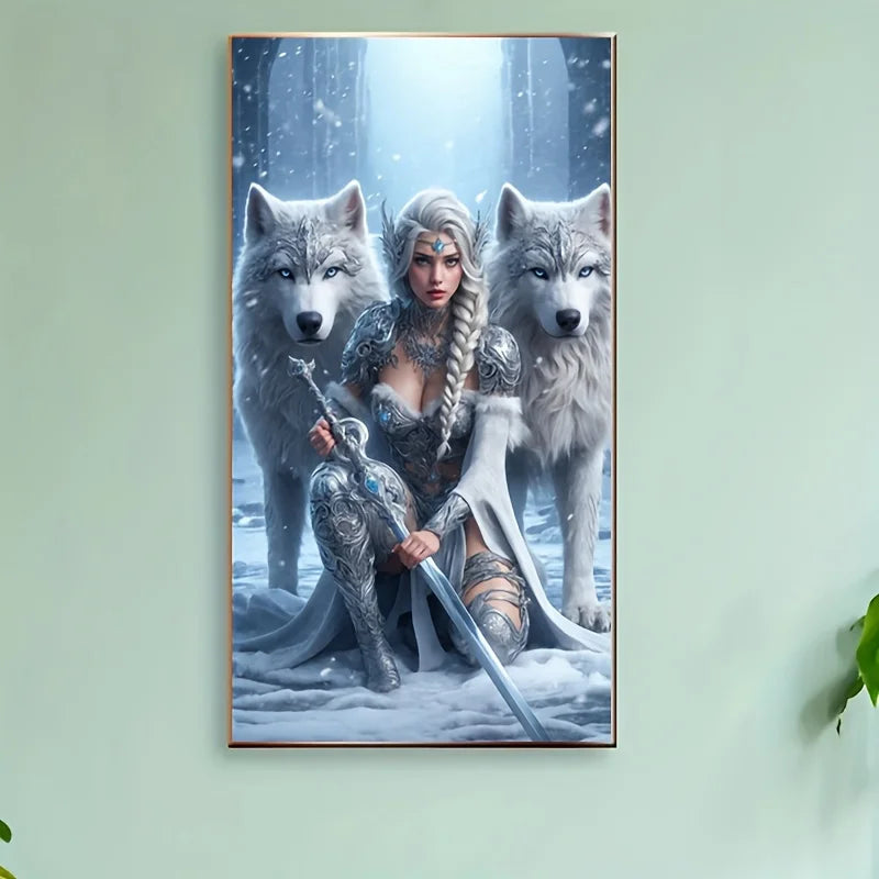 1 stuk 5D Diamond Painting Kit "Beauty and Wolf" - Volledige ronde diamantkunst, fantasiethema canvas mozaïek DIY knutselwerk, woondecoratie